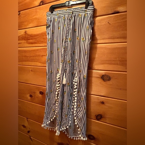 NWT Solitaire Swim Coverup Pants Pineapple and Stripes Pom Poms Drawstring Waist - Picture 2 of 12